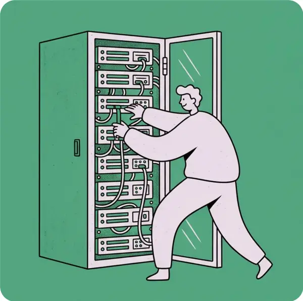 Illustration of an engineer working on a server rack